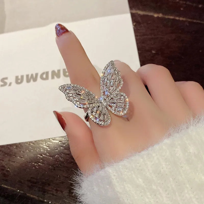 Elegant Heart & Butterfly Open Ring – Classic Alloy Zircon Design