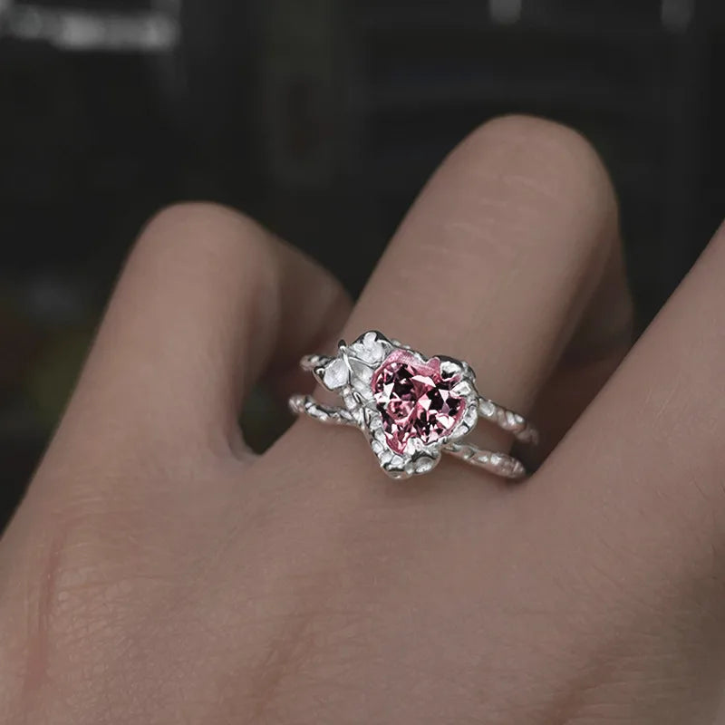 Elegant Heart & Butterfly Open Ring – Classic Alloy Zircon Design