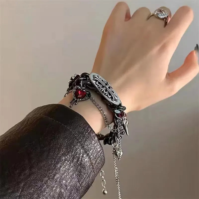 Gothic Punk Charm Bracelet – Black Chain with Red Gem Heart, Spikes & Cross Plate
