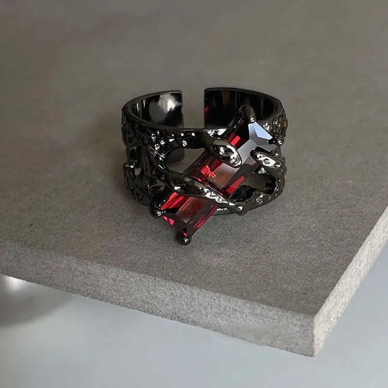 Gothic Lava Thorn Crystal Ring – Adjustable Open Ring