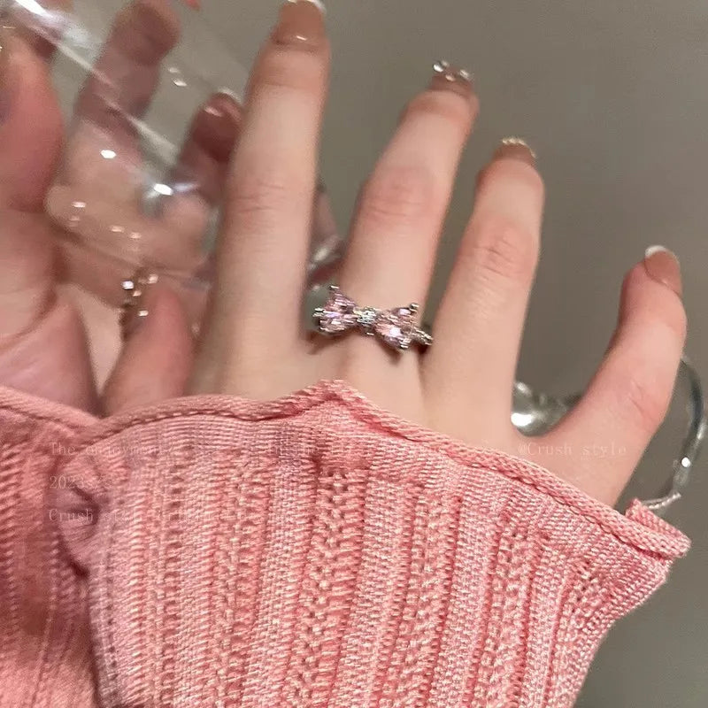Women's IG Style Zircon Heart Bow – Adjustable Open Ring