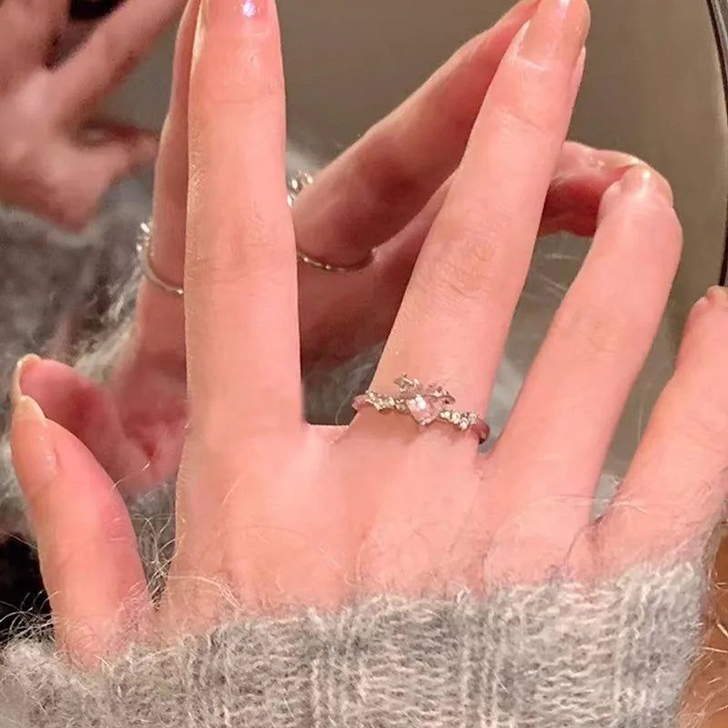 Women's IG Style Zircon Heart Bow – Adjustable Open Ring