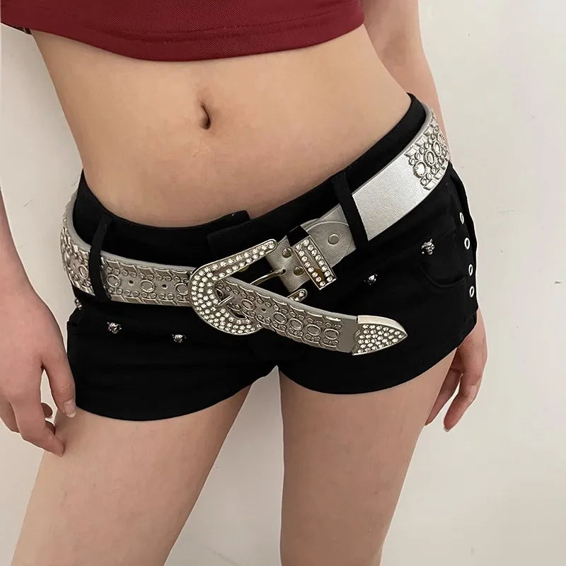 Y2K Streetwear Rhinestone Belt – Silver PU Leather with Western Alloy Buckle & Studded Detailing