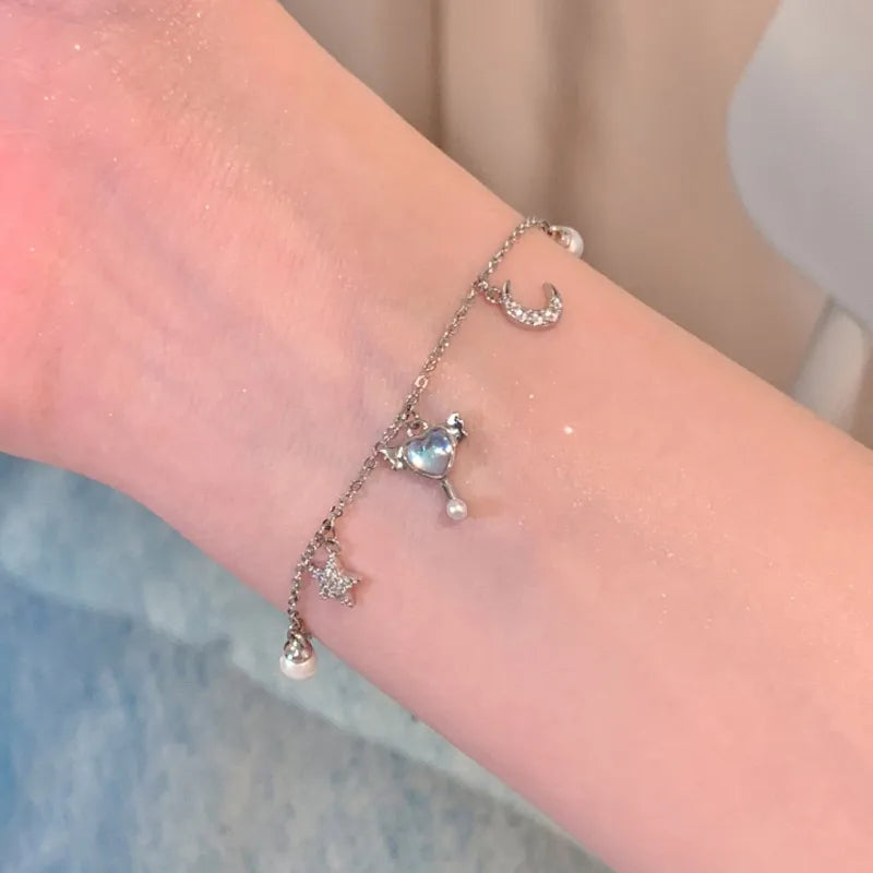 Moon & Star Charm Bracelet – Celestial Silver Dainty Jewelry with Pearl