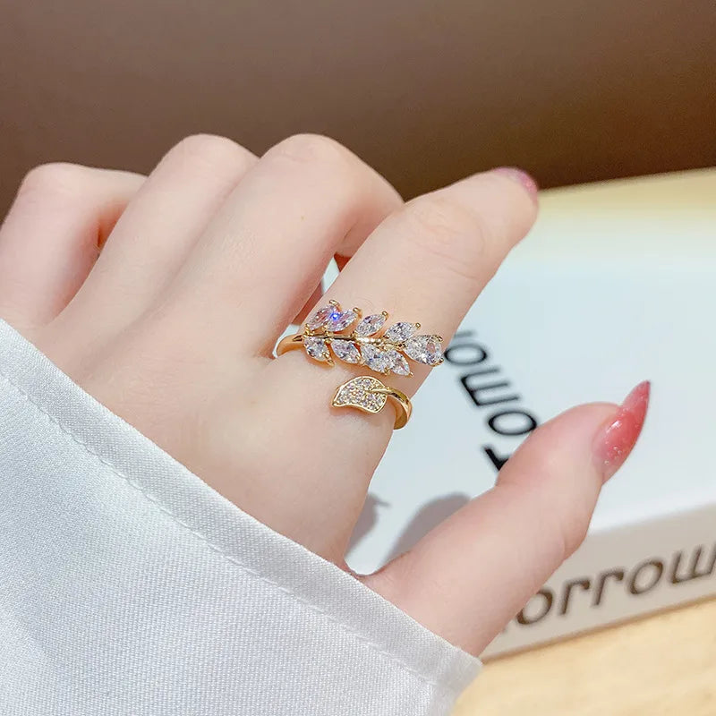 Golden Leaf Crystal Adjustable Ring (Code-ZX#726)