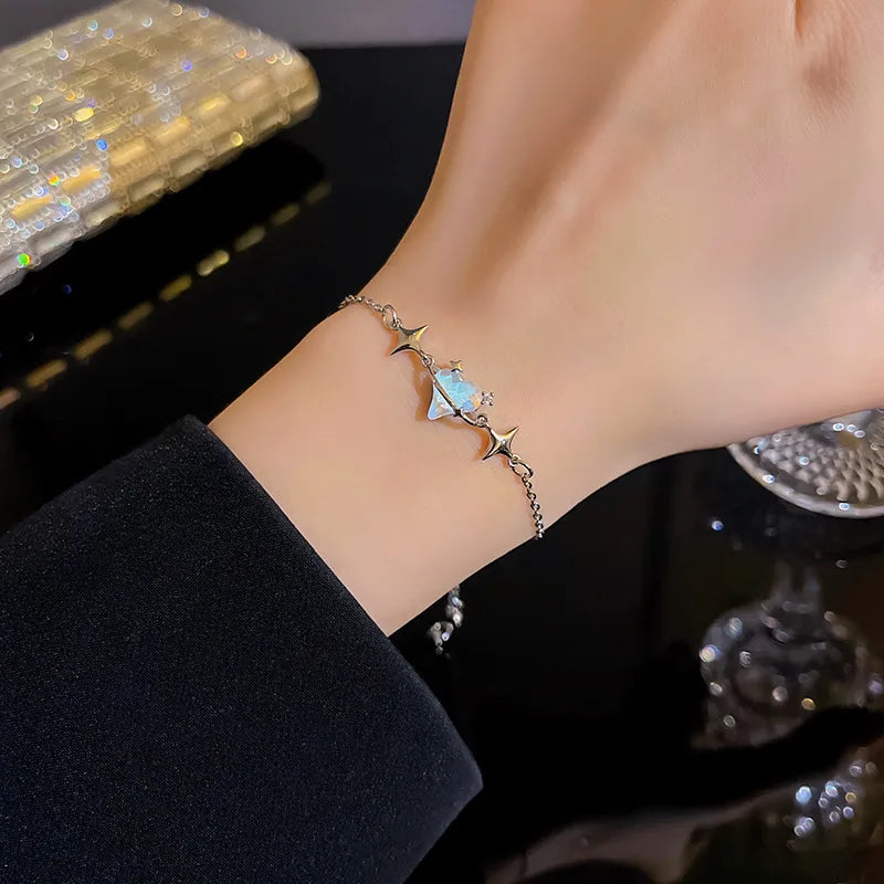 Celestial Star Opal Charm Bracelet – Dainty Silver Adjustable Jewelry