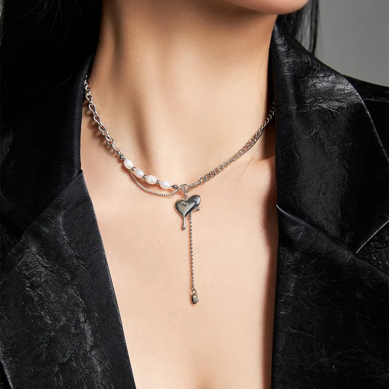 Pearl Drip Heart Chain Necklace (Code-ZX#556)