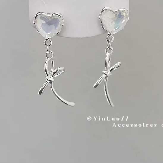 Crystal Heart Ribbon Drop Earrings (Code-ZX#646)