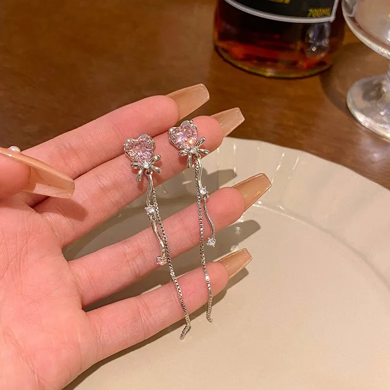 Rosé Heart Bow Drop Earrings (Code-ZX#708)