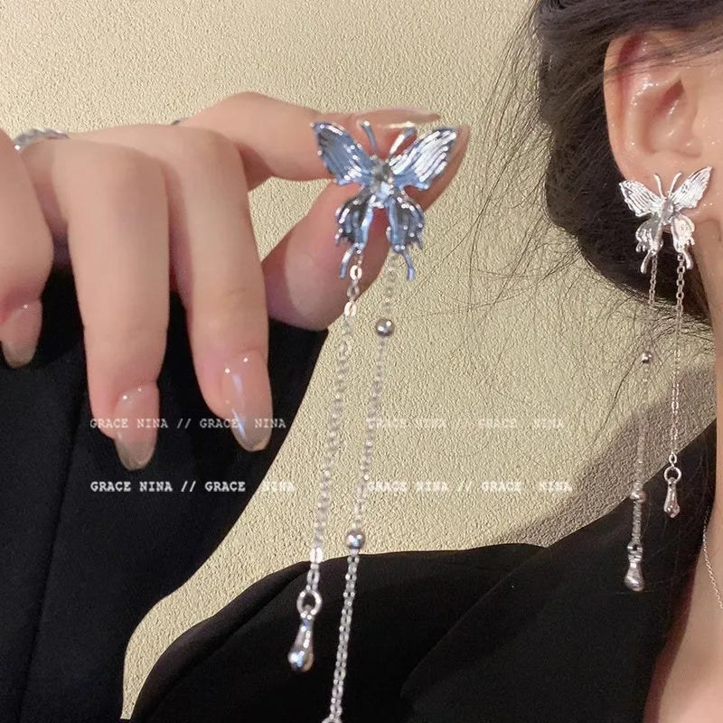Silver Gothic Butterfly Chain Earrings (Code-ZX#701)