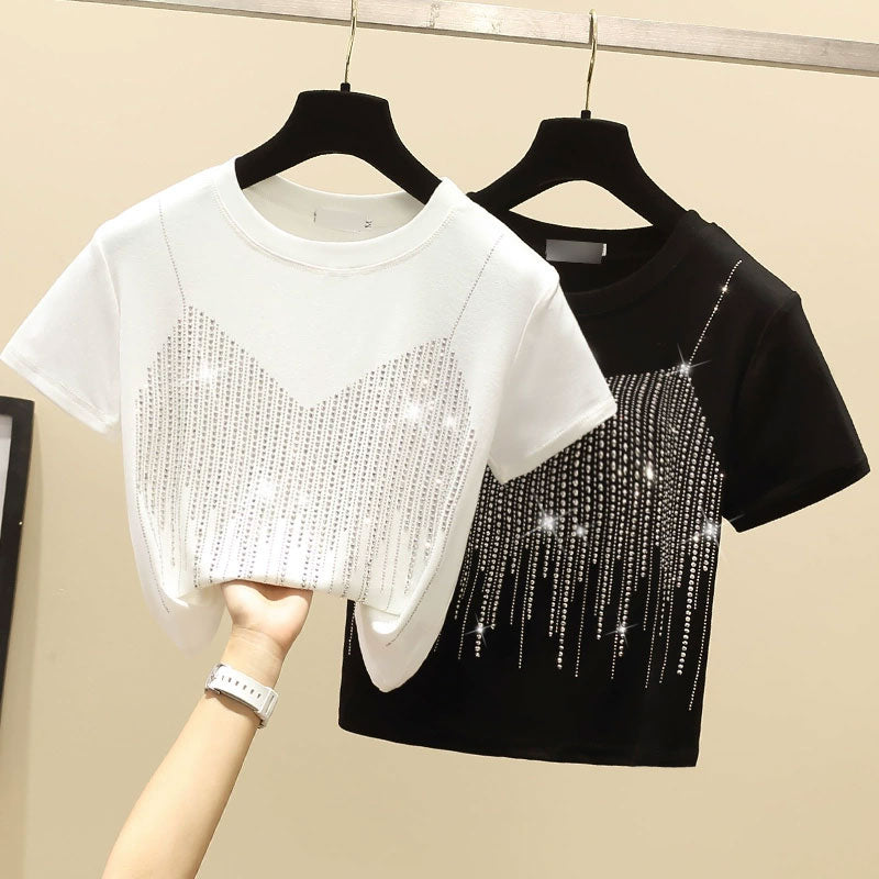 Women's Casual Solid Color T-Shirt – Short Sleeve Diamond Detail Fashion Top