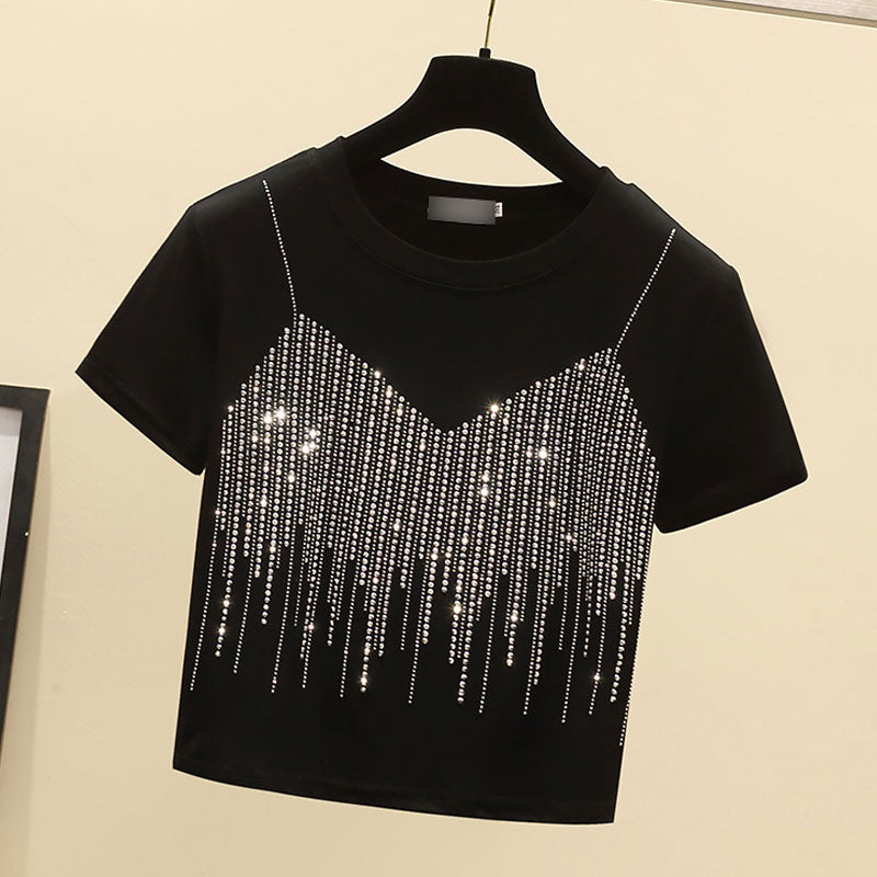 Women's Casual Solid Color T-Shirt – Short Sleeve Diamond Detail Fashion Top