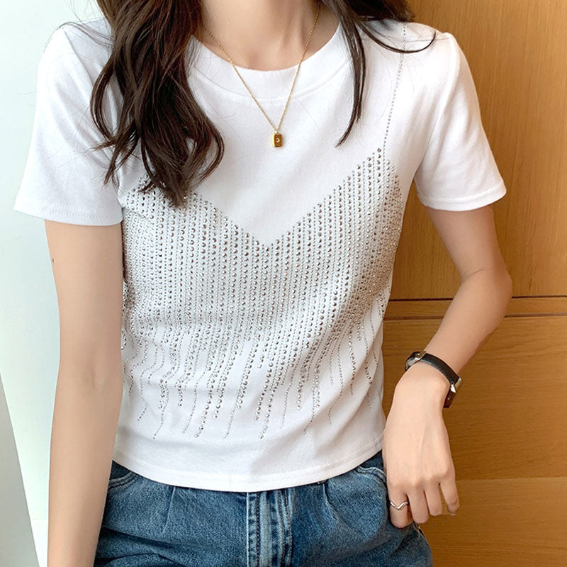 Women's Casual Solid Color T-Shirt – Short Sleeve Diamond Detail Fashion Top