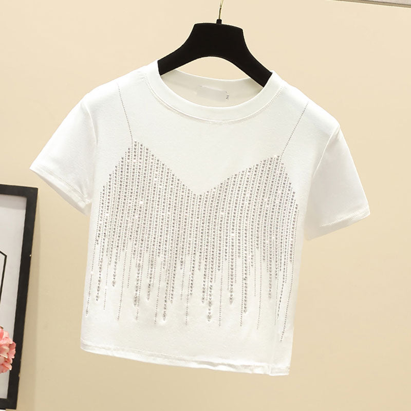 Women's Casual Solid Color T-Shirt – Short Sleeve Diamond Detail Fashion Top