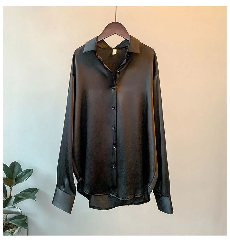 Women’s Elegant Satin Blouse – Solid Color Long Sleeve Button-Down Shirt with Relaxed Fit