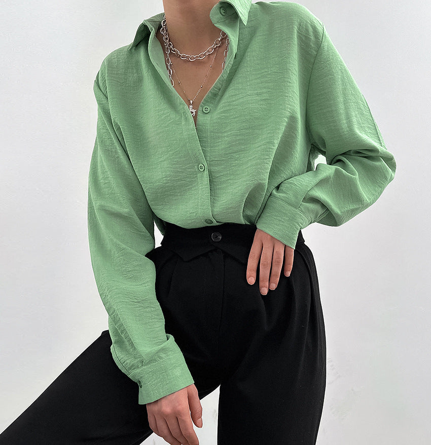 Women’s Casual Button Down Shirt – Solid Color Long Sleeve Loose Fit Blouse