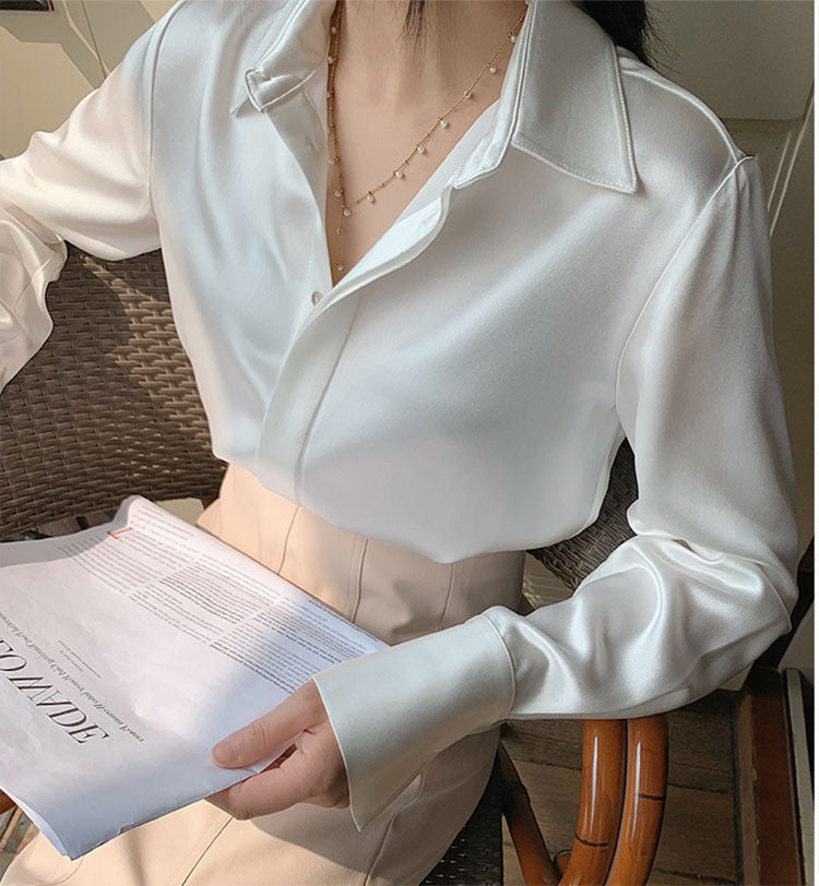 Women’s Elegant Satin Blouse – Solid Color Long Sleeve Button Down Office Top