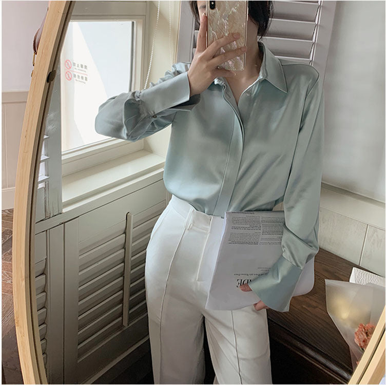 Women’s Elegant Satin Blouse – Solid Color Long Sleeve Button Down Office Top