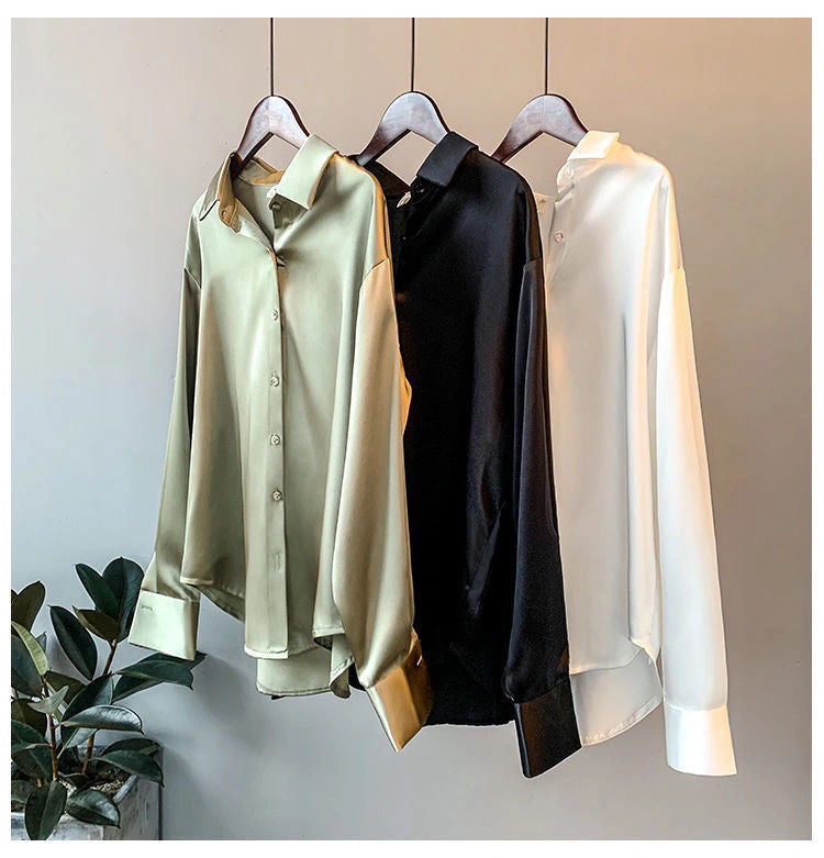Women’s Elegant Satin Blouse – Solid Color Long Sleeve Button-Down Shirt with Relaxed Fit