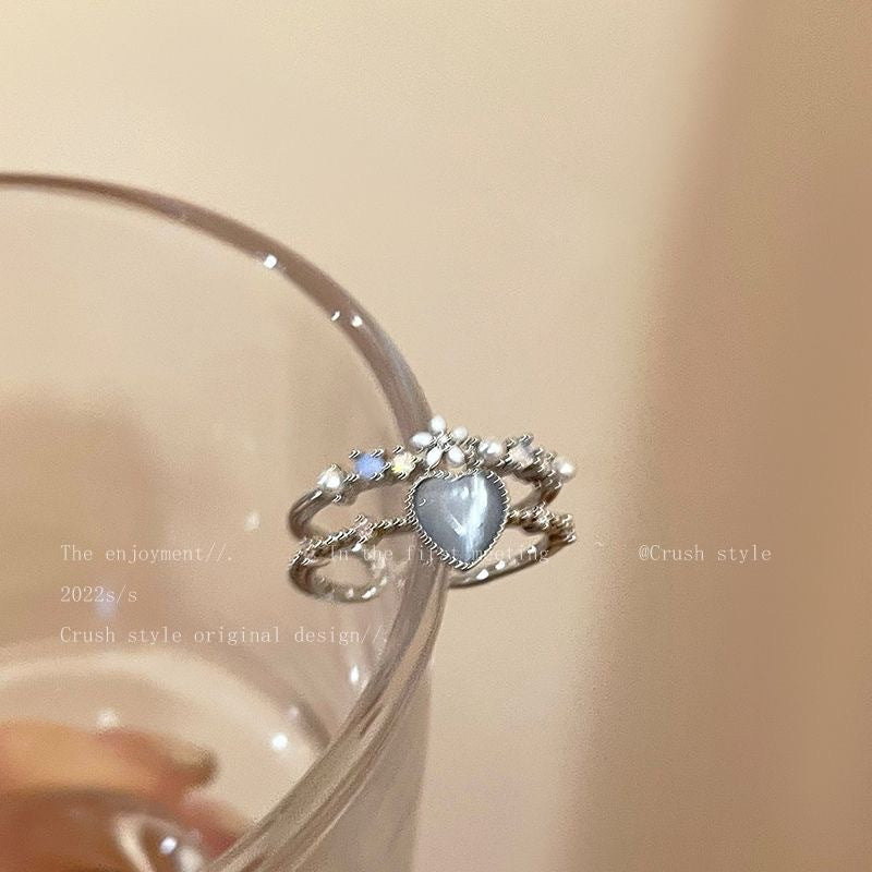 Blue Heart & Romantic Heart Gemstone Silver Ring – Pearl Accent Design