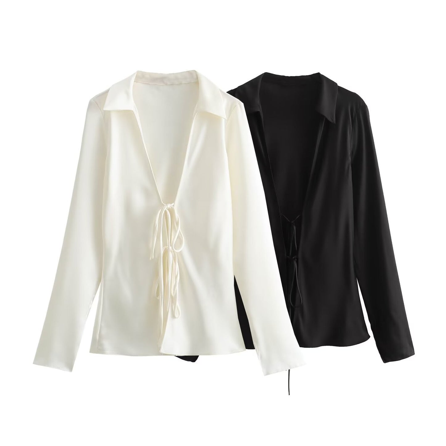Women’s Satin Tie Front Blouse – Elegant Solid Color Long Sleeve top