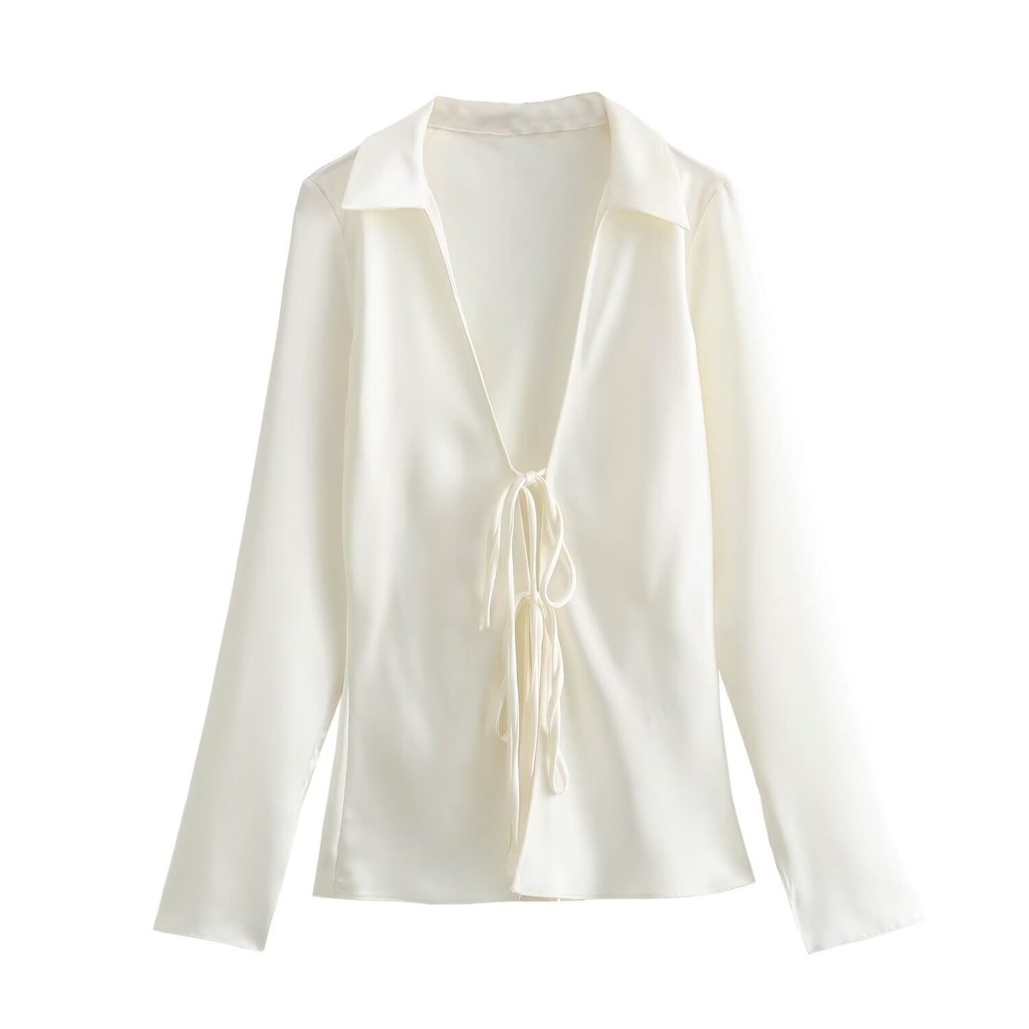 Women’s Satin Tie Front Blouse – Elegant Solid Color Long Sleeve top