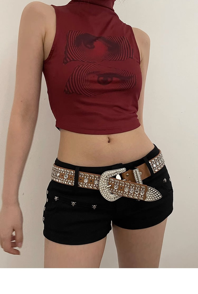 Y2K Streetwear Rhinestone Belt – Silver PU Leather with Western Alloy Buckle & Studded Detailing