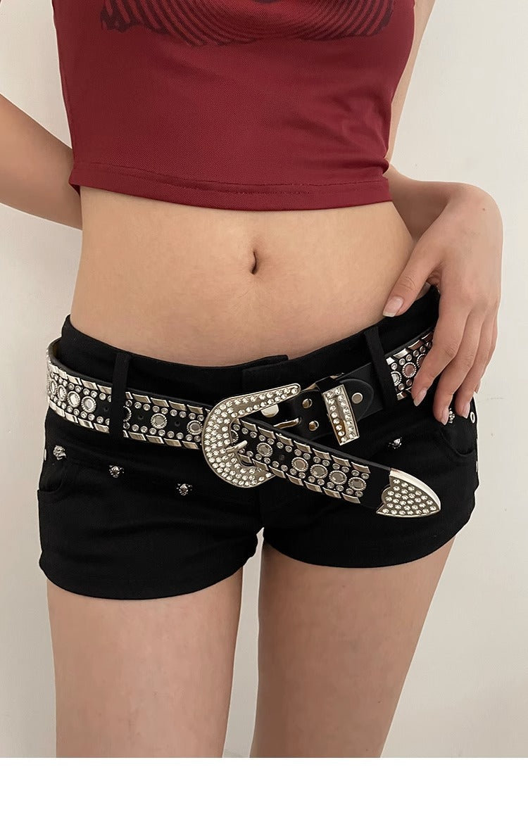 Y2K Streetwear Rhinestone Belt – Silver PU Leather with Western Alloy Buckle & Studded Detailing