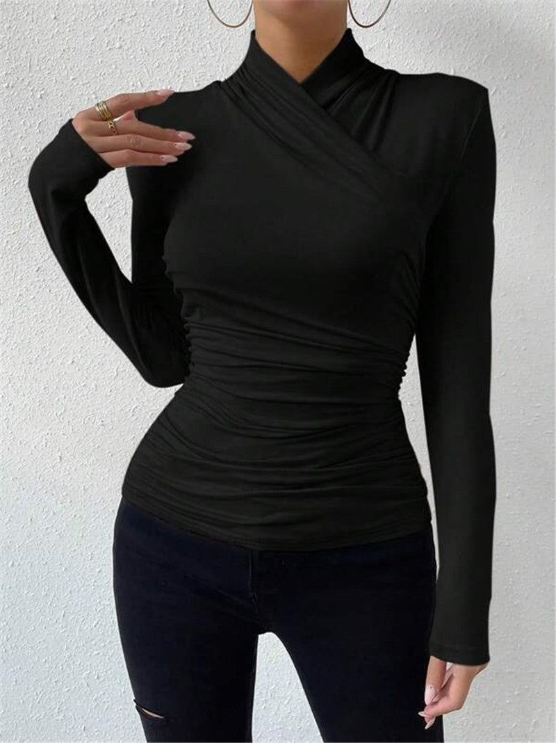 Pleated Blouse – Solid Color Long Sleeve Slim Fit Top