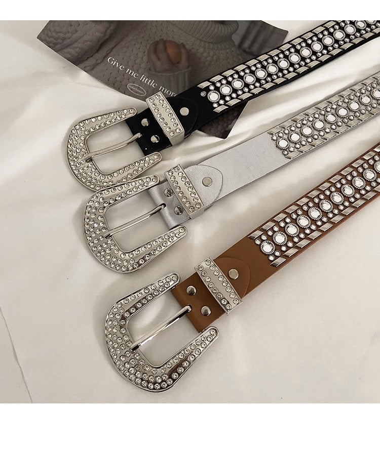 Y2K Streetwear Rhinestone Belt – Silver PU Leather with Western Alloy Buckle & Studded Detailing