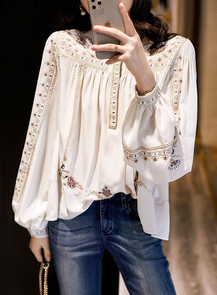 Women'S Vintage Style Fashion Geometric White Long Sleeve Embroidery Blouses