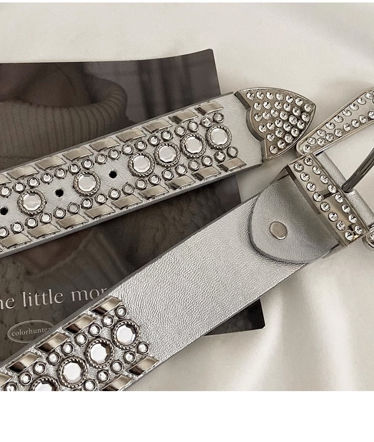 Y2K Streetwear Rhinestone Belt – Silver PU Leather with Western Alloy Buckle & Studded Detailing
