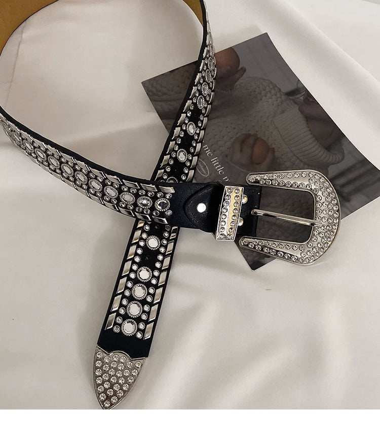 Y2K Streetwear Rhinestone Belt – Silver PU Leather with Western Alloy Buckle & Studded Detailing