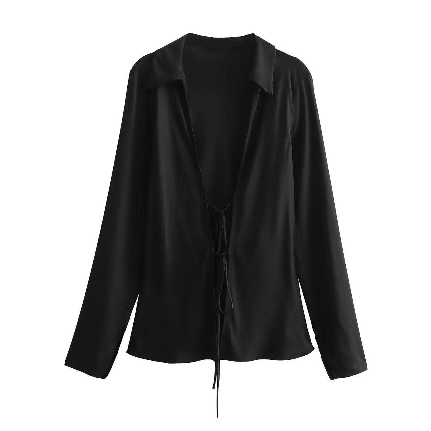 Women’s Satin Tie Front Blouse – Elegant Solid Color Long Sleeve top