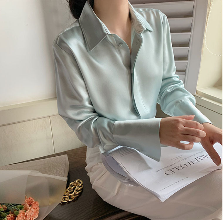Women’s Elegant Satin Blouse – Solid Color Long Sleeve Button Down Office Top