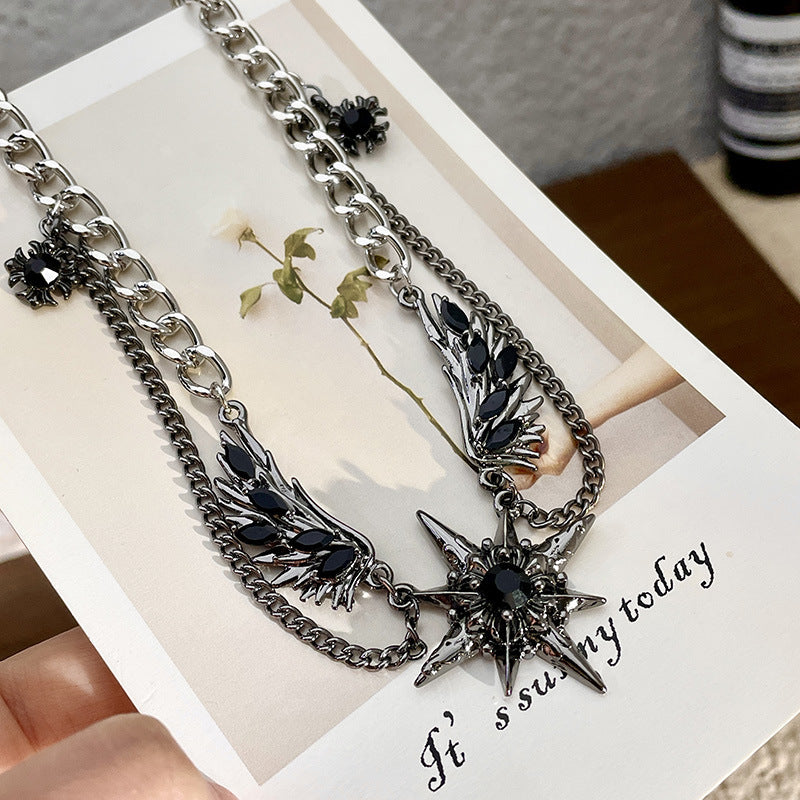 Gothic Star & Wing Chain Choker – Black Gemstone Punk Necklace