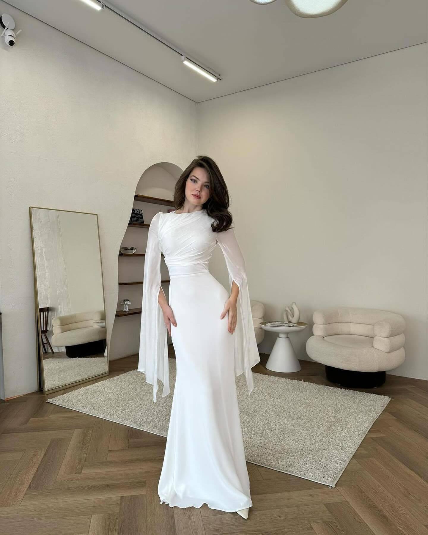 Women's Elegant White Maxi Dress – Long Sleeve Draped Cape Gown for Evening & Formal Occasions