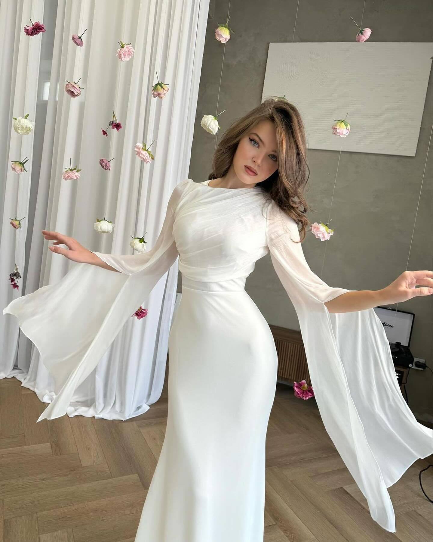 Women's Elegant White Maxi Dress – Long Sleeve Draped Cape Gown for Evening & Formal Occasions