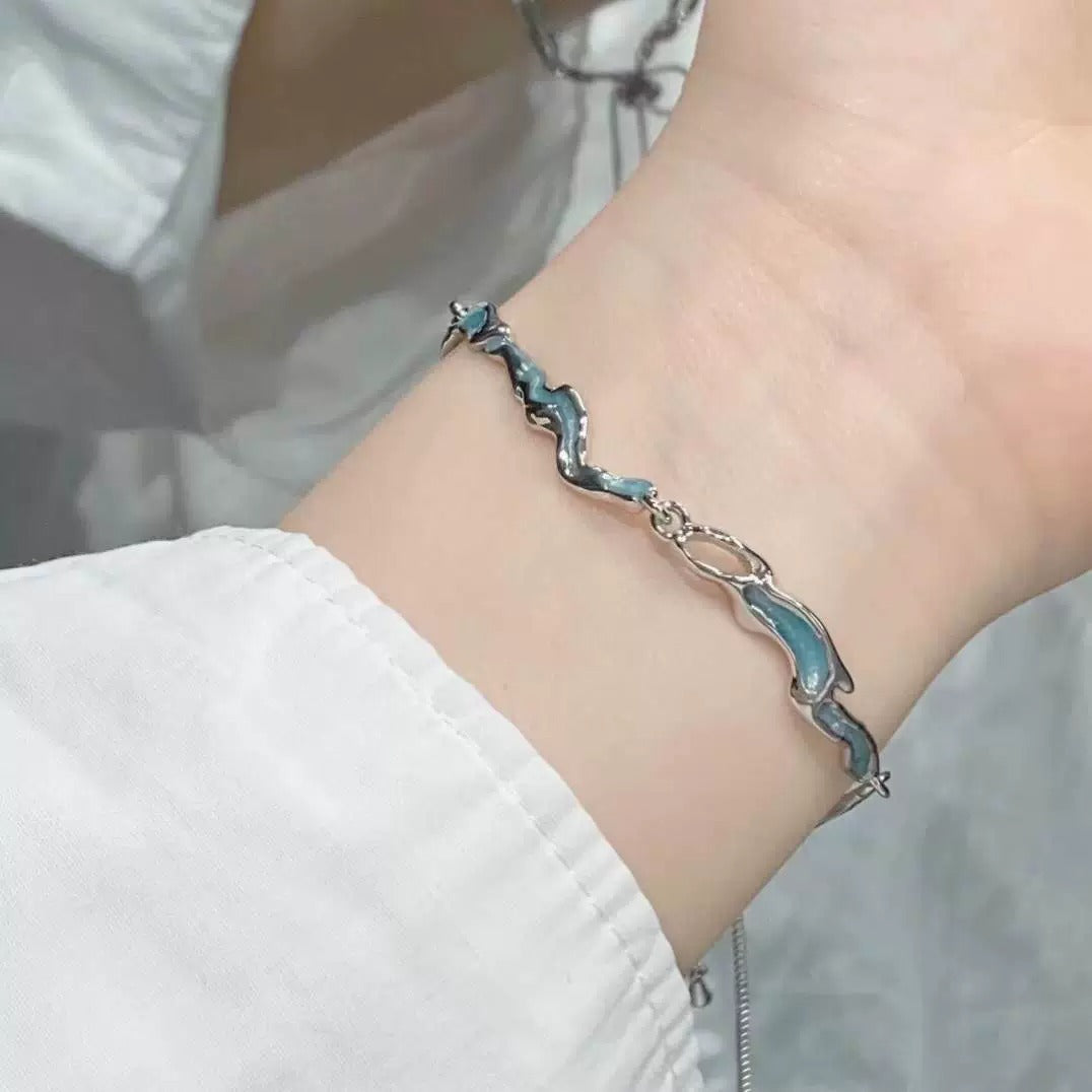 Ocean Wave Silver Double Chain Bracelet with Blue Accents