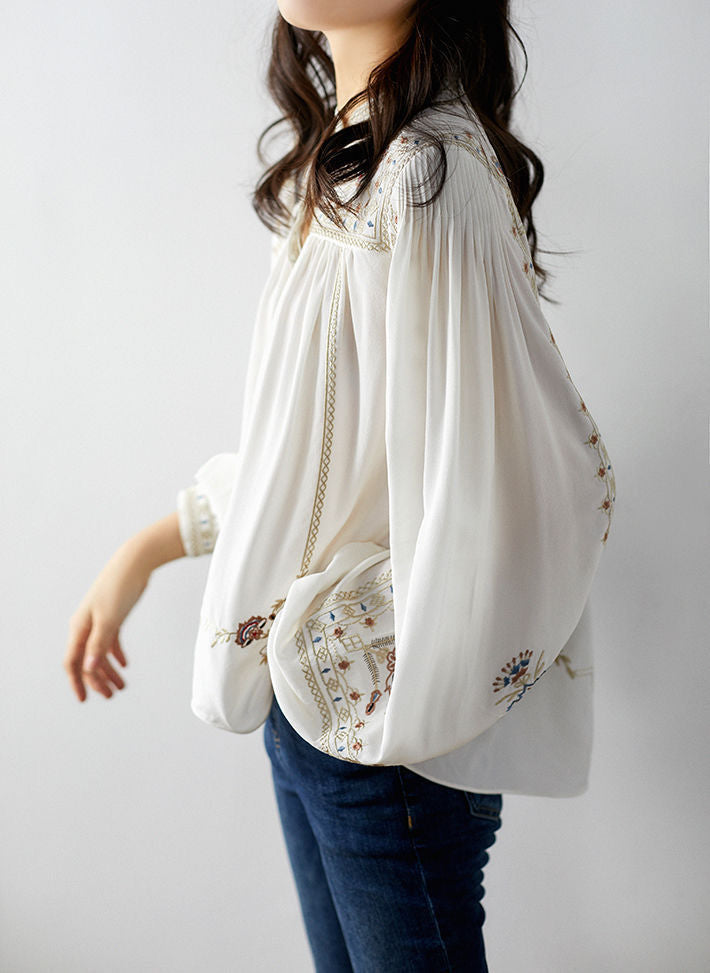 Women'S Vintage Style Fashion Geometric White Long Sleeve Embroidery Blouses