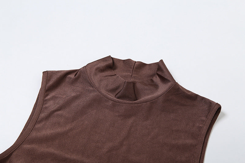 Women's Sexy Brown Sleeveless Bodycon Mini Dress – High Neck Clubwear Party Outfit