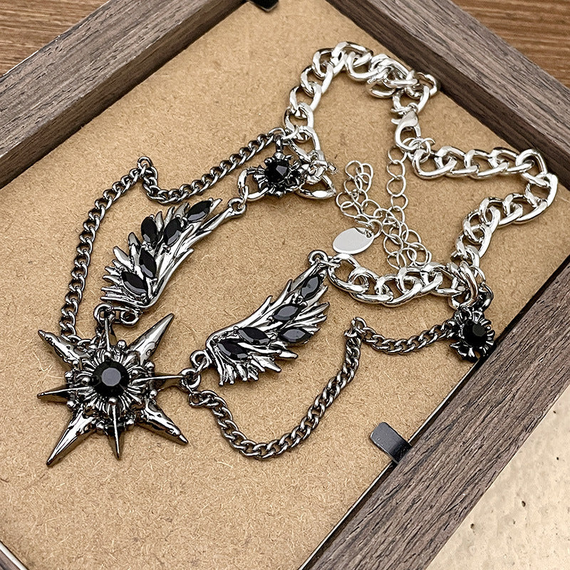 Gothic Star & Wing Chain Choker – Black Gemstone Punk Necklace