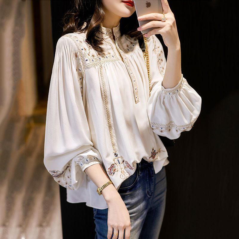 Women'S Vintage Style Fashion Geometric White Long Sleeve Embroidery Blouses