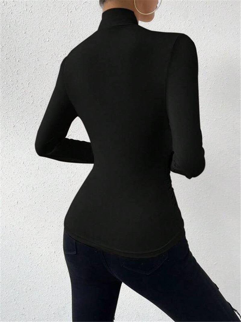 Pleated Blouse – Solid Color Long Sleeve Slim Fit Top