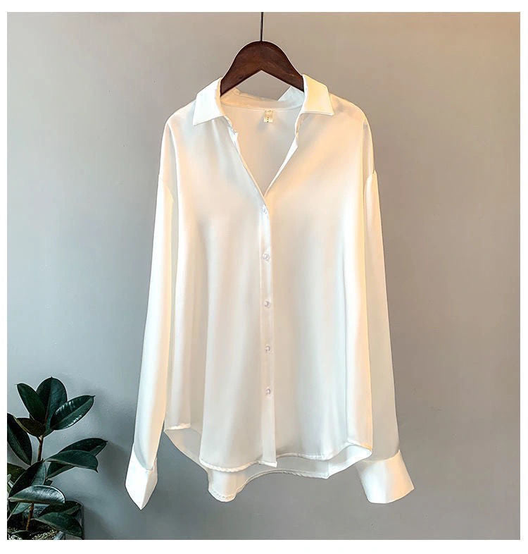 Women’s Elegant Satin Blouse – Solid Color Long Sleeve Button-Down Shirt with Relaxed Fit