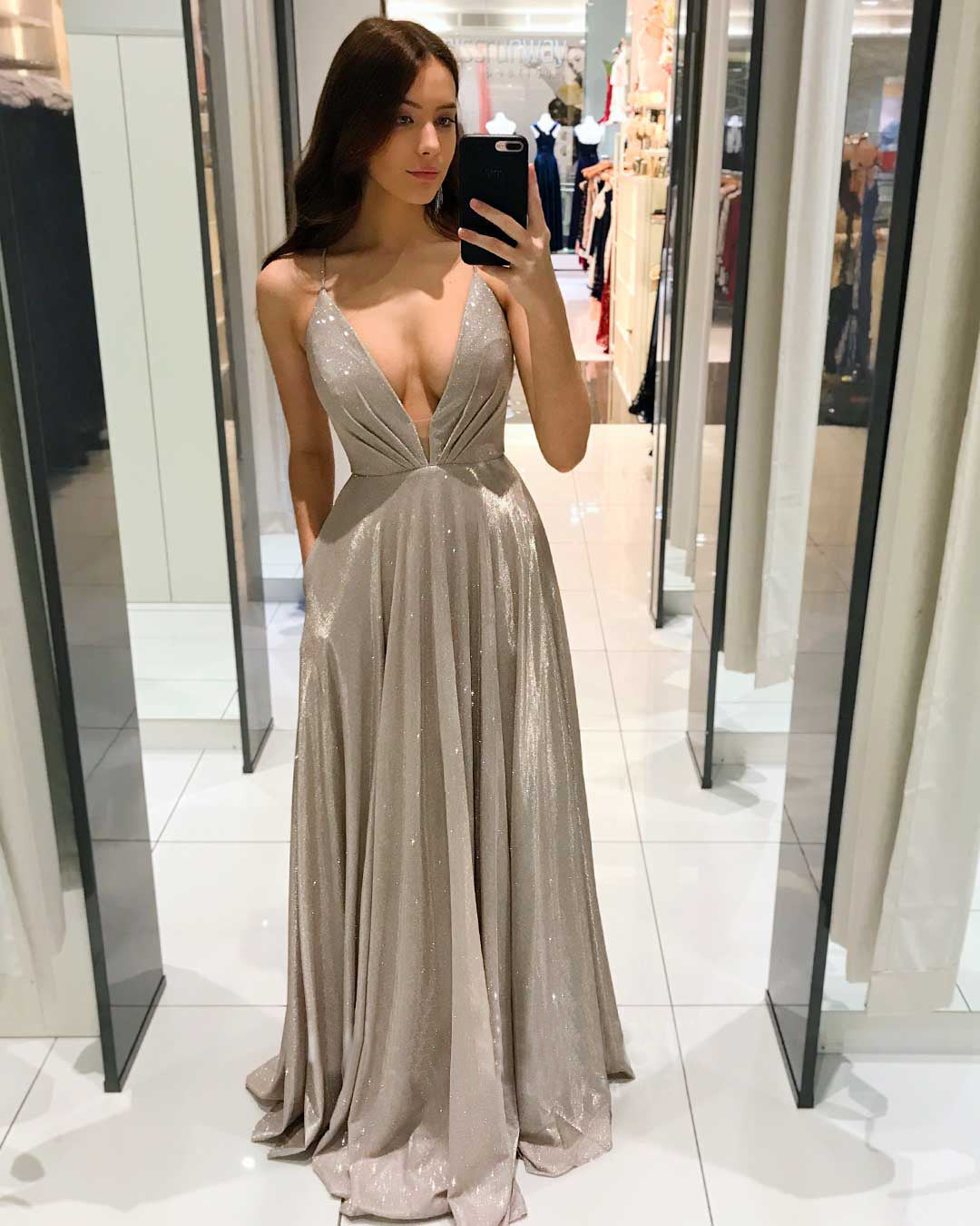 Women's Sexy Deep V-Neck Backless Evening Maxi Dress – Sparkly A-Line Prom & Party Gown