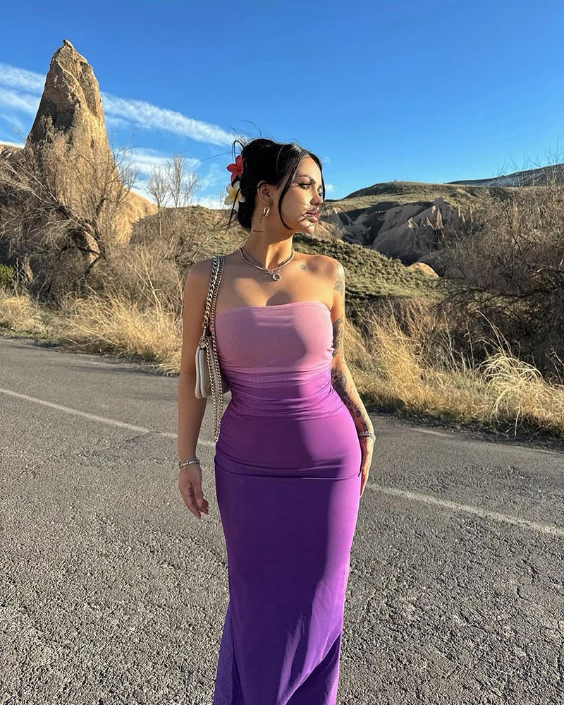Women's Gradient Tube Top Bodycon Maxi Dress – Sexy Sleeveless Slim Fit Evening Wear