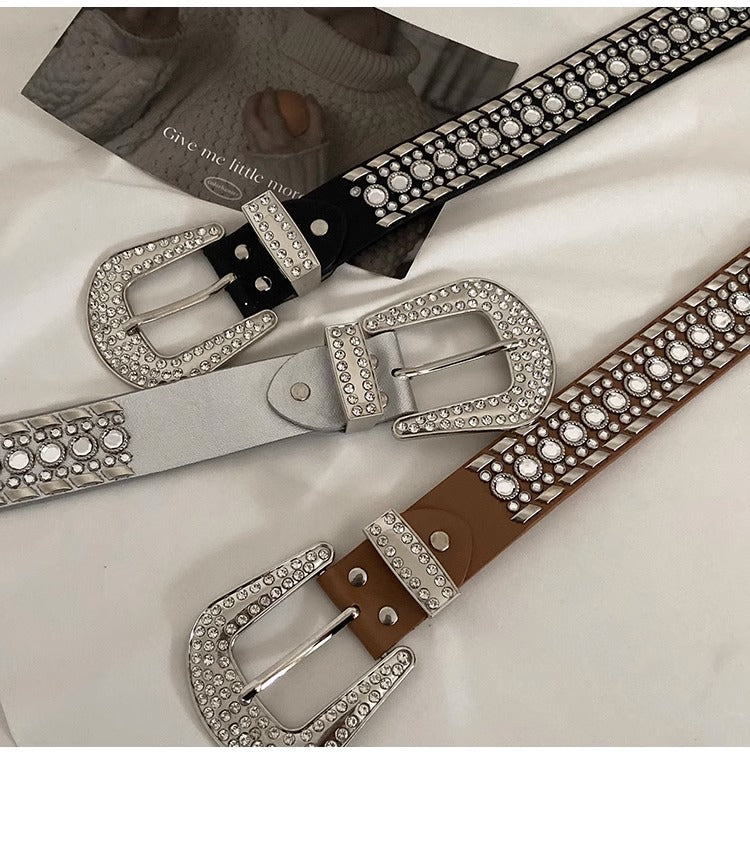 Y2K Streetwear Rhinestone Belt – Silver PU Leather with Western Alloy Buckle & Studded Detailing