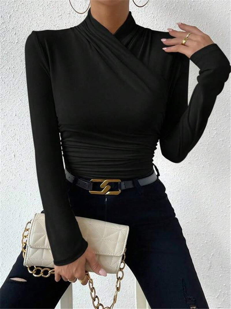Pleated Blouse – Solid Color Long Sleeve Slim Fit Top