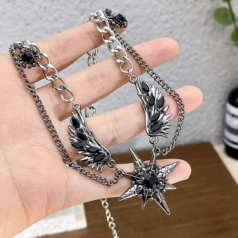 Gothic Star & Wing Chain Choker – Black Gemstone Punk Necklace
